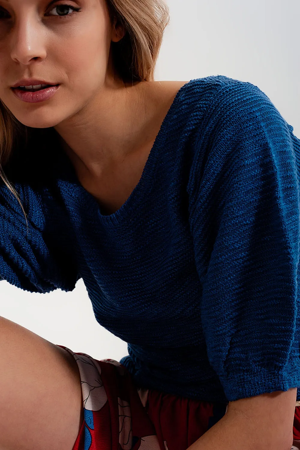 Short Sleeve Knitted Top in Blue