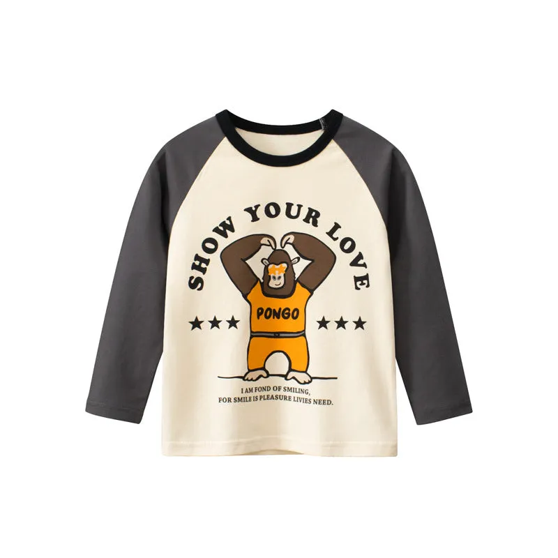 Toddler Kids Boys Cartoon Gorilla Print Round Neck Long-sleeved T-shirt Top