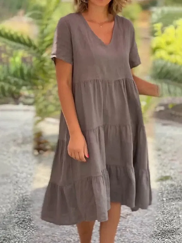 Modern Cotton Linen Swing Dress with Ruched Ruffle Sleeves