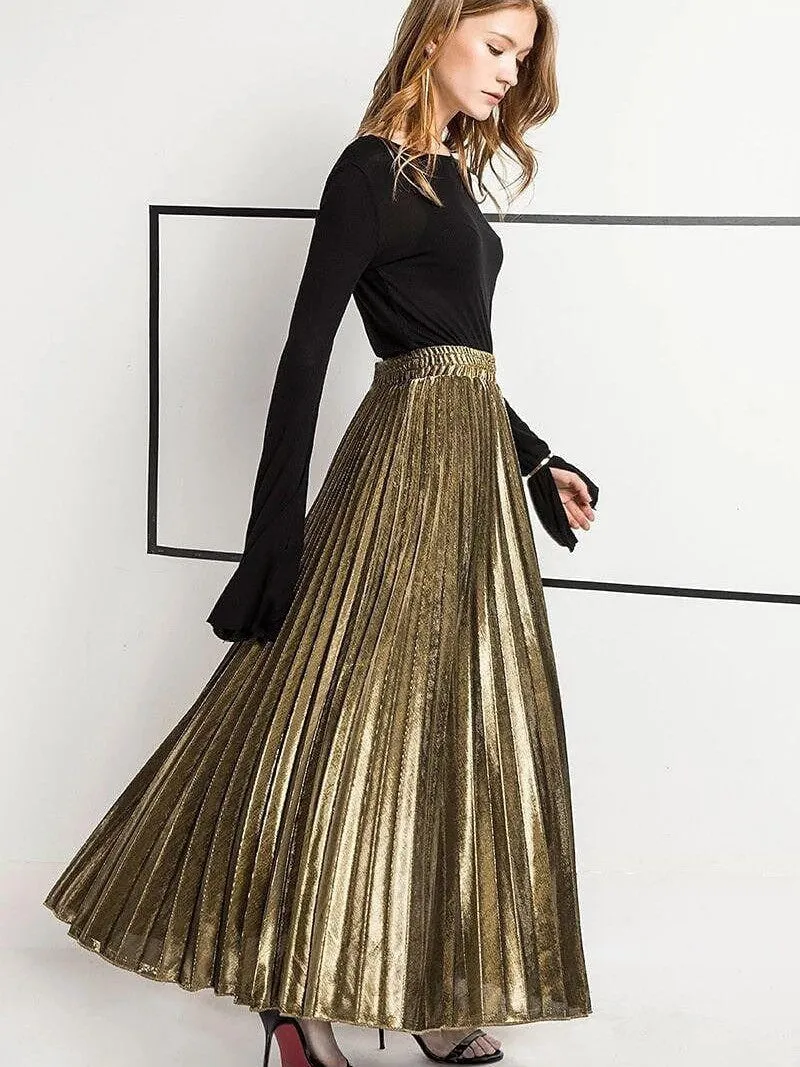 Maxi Pleated Swing Long Skirt in Shiny Metallic Silver Gold