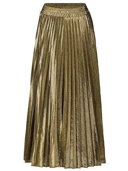 Maxi Pleated Swing Long Skirt in Shiny Metallic Silver Gold