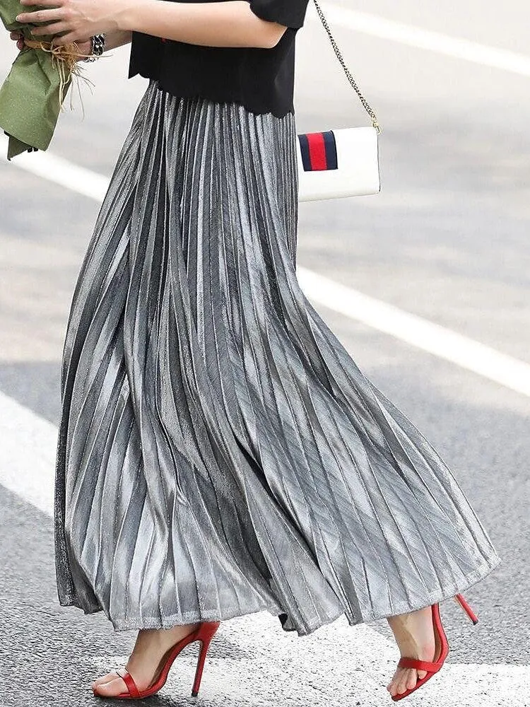 Maxi Pleated Swing Long Skirt in Shiny Metallic Silver Gold