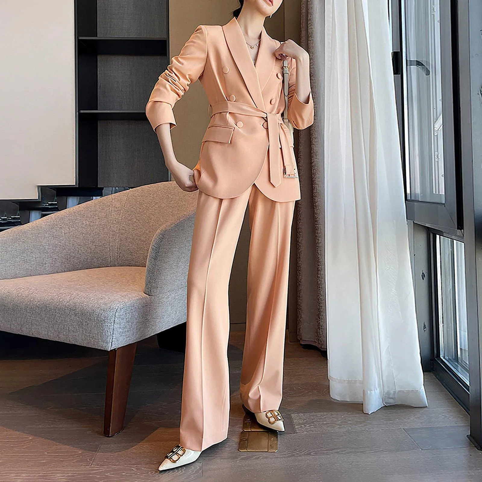 Waist Belt Blazer & Wide Leg Pant Suit Two-Piece Set