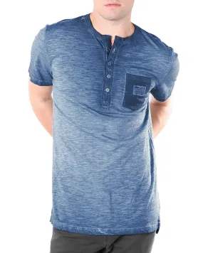 Vintage Blue Dyed Short Sleeve Crew Neck Chest Pocket Henley Shirt