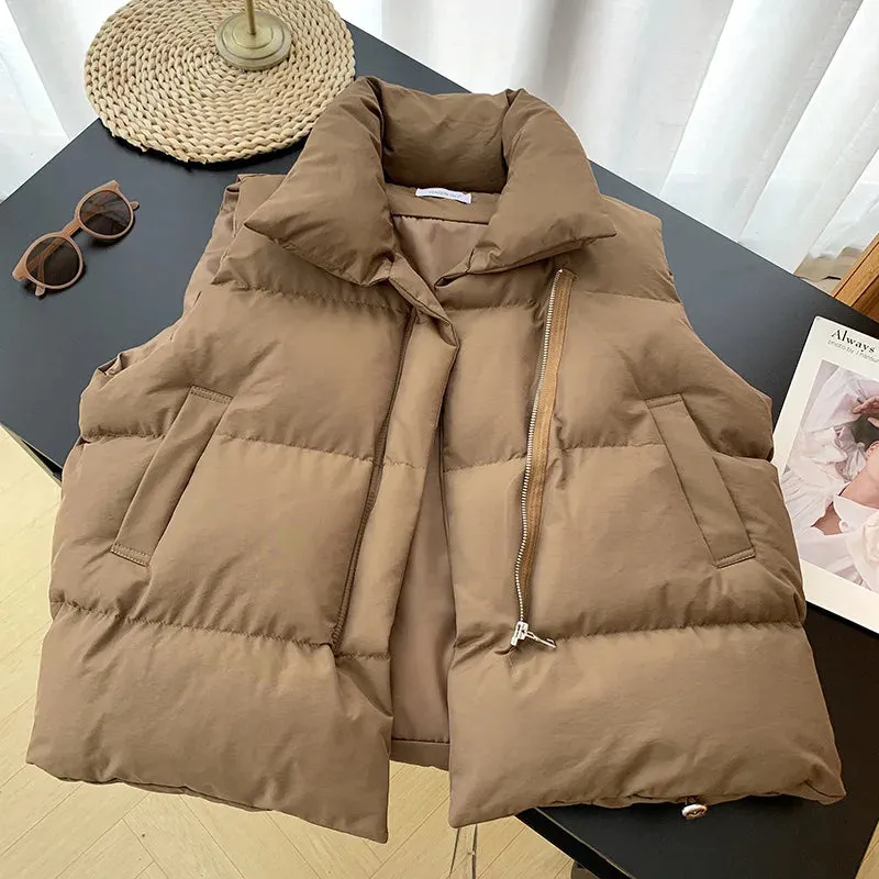 Women Fashion Autumn Winter New 2023 Stand Collar Elegant Puffer Vests