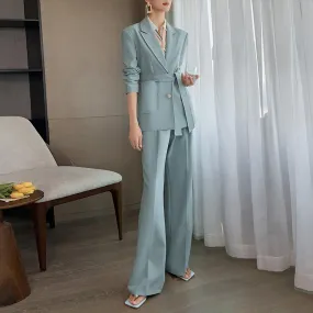 Waist Belt Blazer & Wide Leg Pant Suit Two-Piece Set