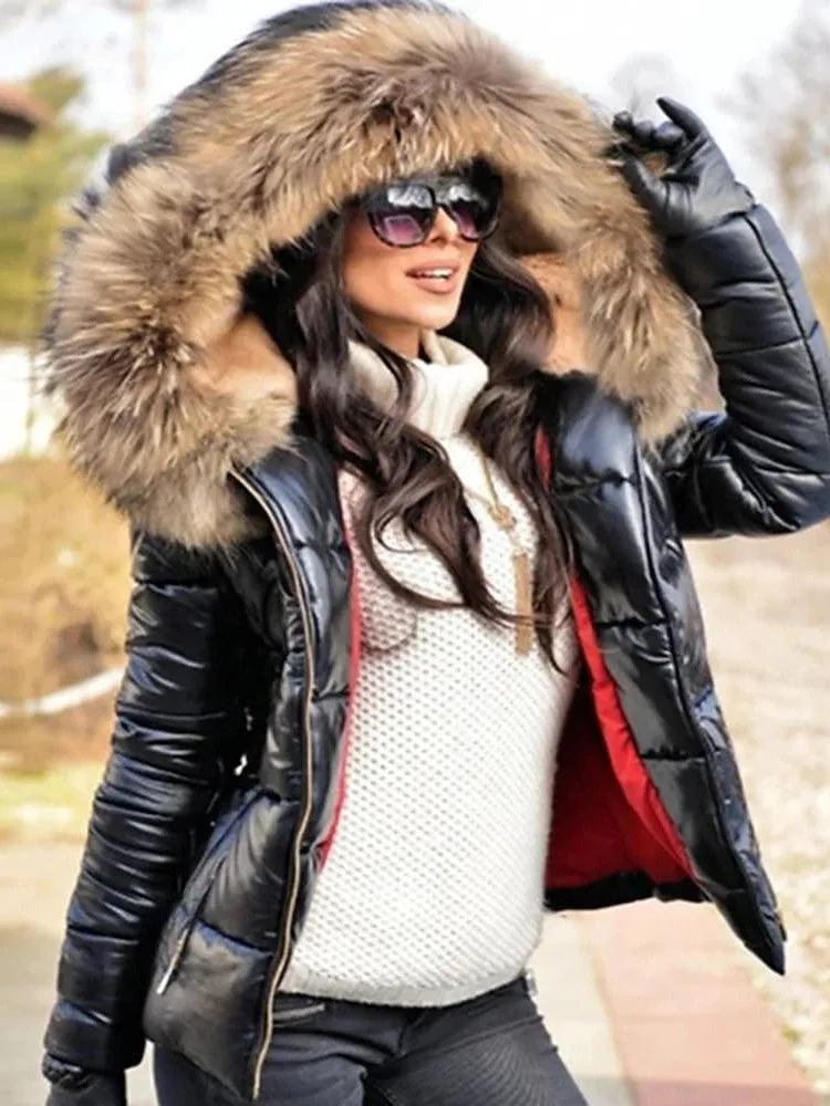 Stylish Women's Black Puffer Jacket with Fur Collar and Hood