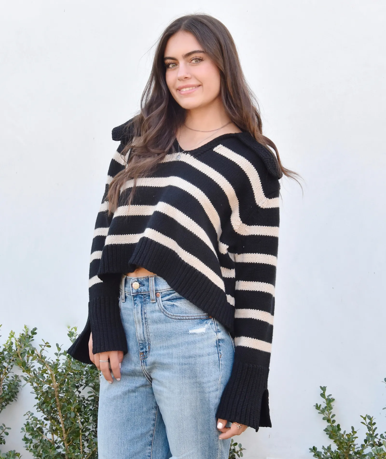 8apart Women Bristol Black/Khaki Striped Sweater