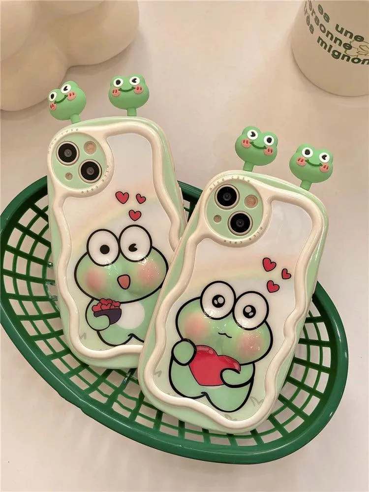 3D Ears Frog Cute Phone Case - Wave Edge - For iPhone 15 Pro Max, 14, 13, 11, 12