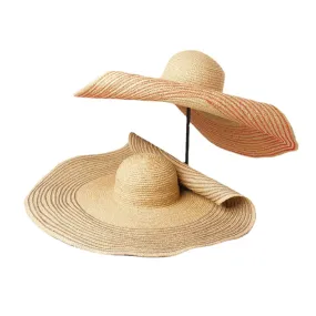 Woman Handmade Wild Brim Visor Color Stripe Vacation Beach Sun Hat Natural Raffia Rolled-up Brim Straw Hat