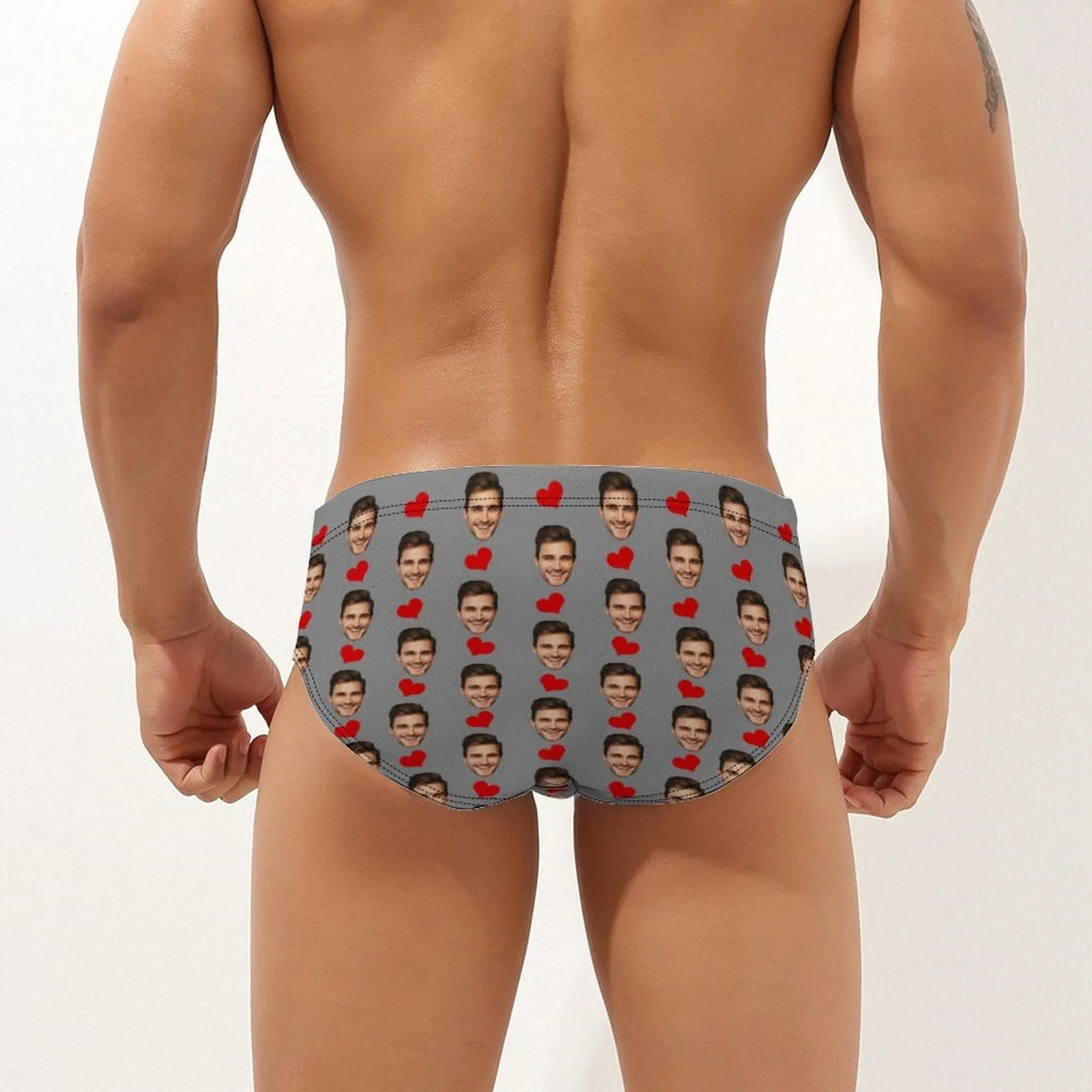 Customized Swim Trunks with Face Design Heart Multicolor Men's Triangle Swim Briefs with Girlfriend's Face