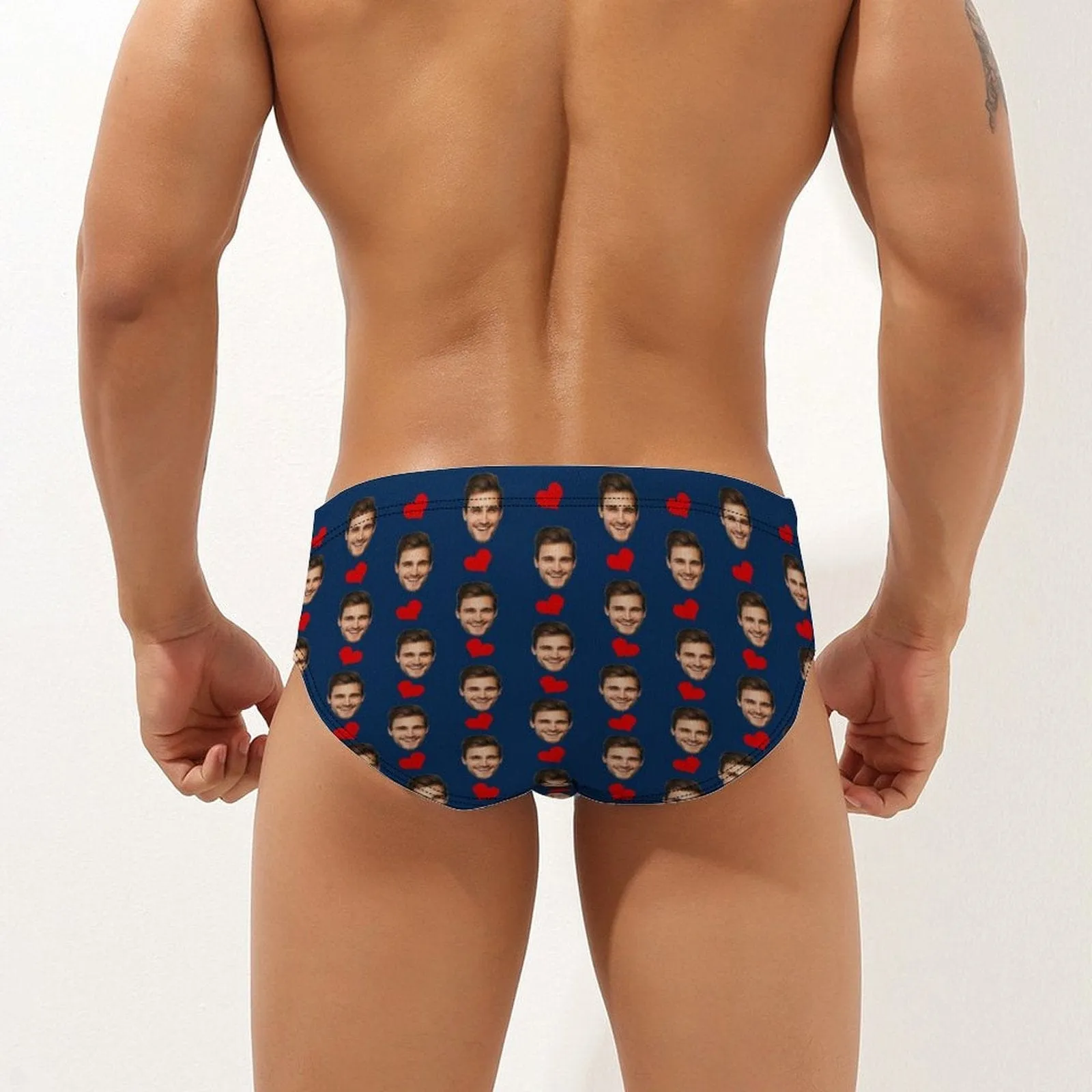 Customized Swim Trunks with Face Design Heart Multicolor Men's Triangle Swim Briefs with Girlfriend's Face