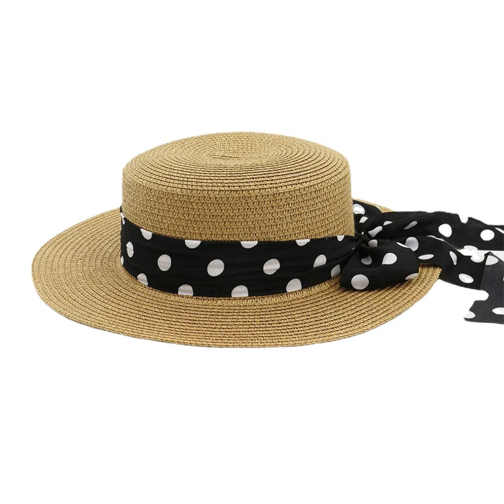 Women Sunscreen Vacation Summer Sun Hat Elegant Stylish Straw Hat With Polka Dot Ribbon