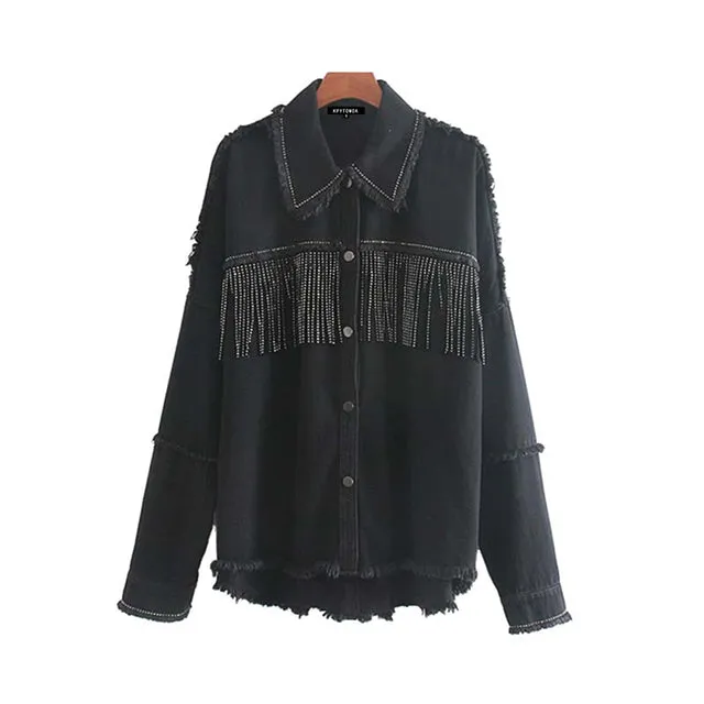 Women Fashion Tassel Beaded Oversized Denim Jacket Coat Women Vintage Long Sleeve Frayed Hem