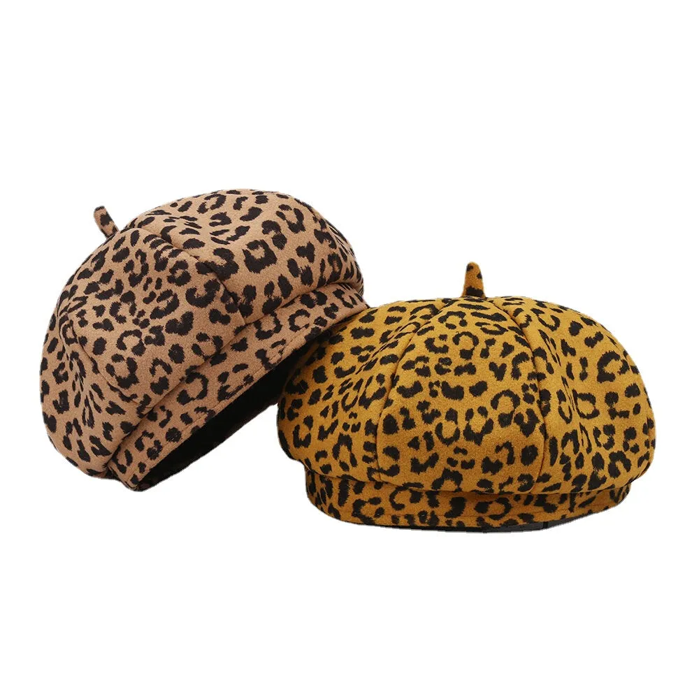 Women Woolen Warm Young All-match Leopard Pattern Painter Hat Newsboy Hat Octagonal Hat Beret Hat