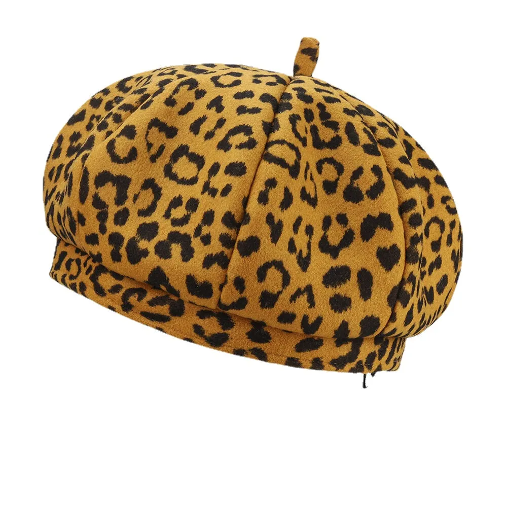 Women Woolen Warm Young All-match Leopard Pattern Painter Hat Newsboy Hat Octagonal Hat Beret Hat