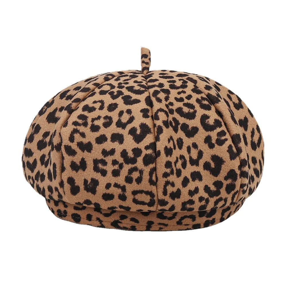 Women Woolen Warm Young All-match Leopard Pattern Painter Hat Newsboy Hat Octagonal Hat Beret Hat