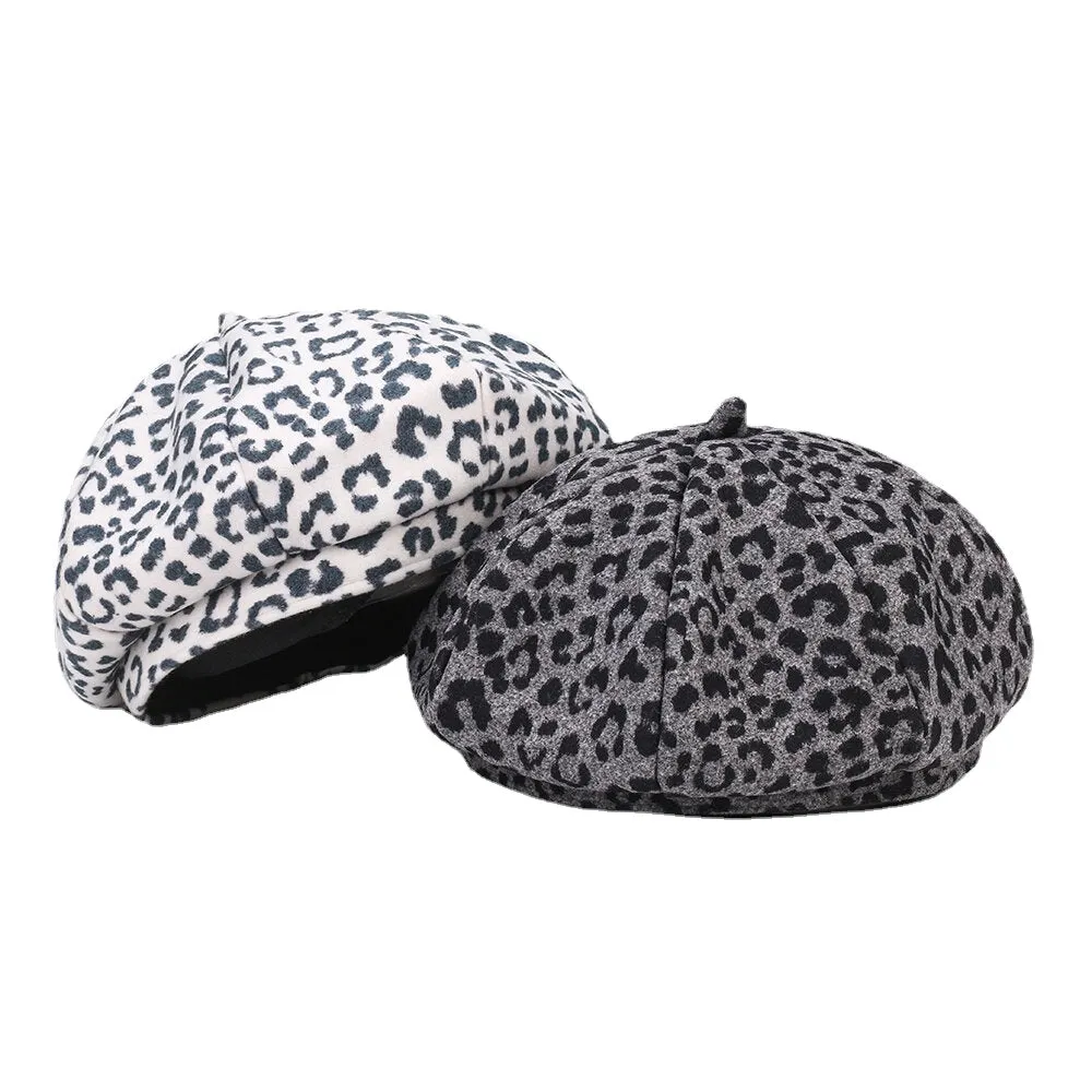 Women Woolen Warm Young All-match Leopard Pattern Painter Hat Newsboy Hat Octagonal Hat Beret Hat