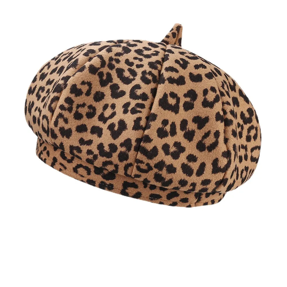 Women Woolen Warm Young All-match Leopard Pattern Painter Hat Newsboy Hat Octagonal Hat Beret Hat