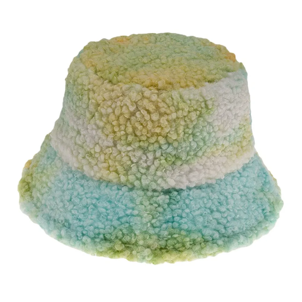 Unisex Felt Lamb Hair Tie-dye Plus Thicken Warm Windproof Soft Bucket Hat