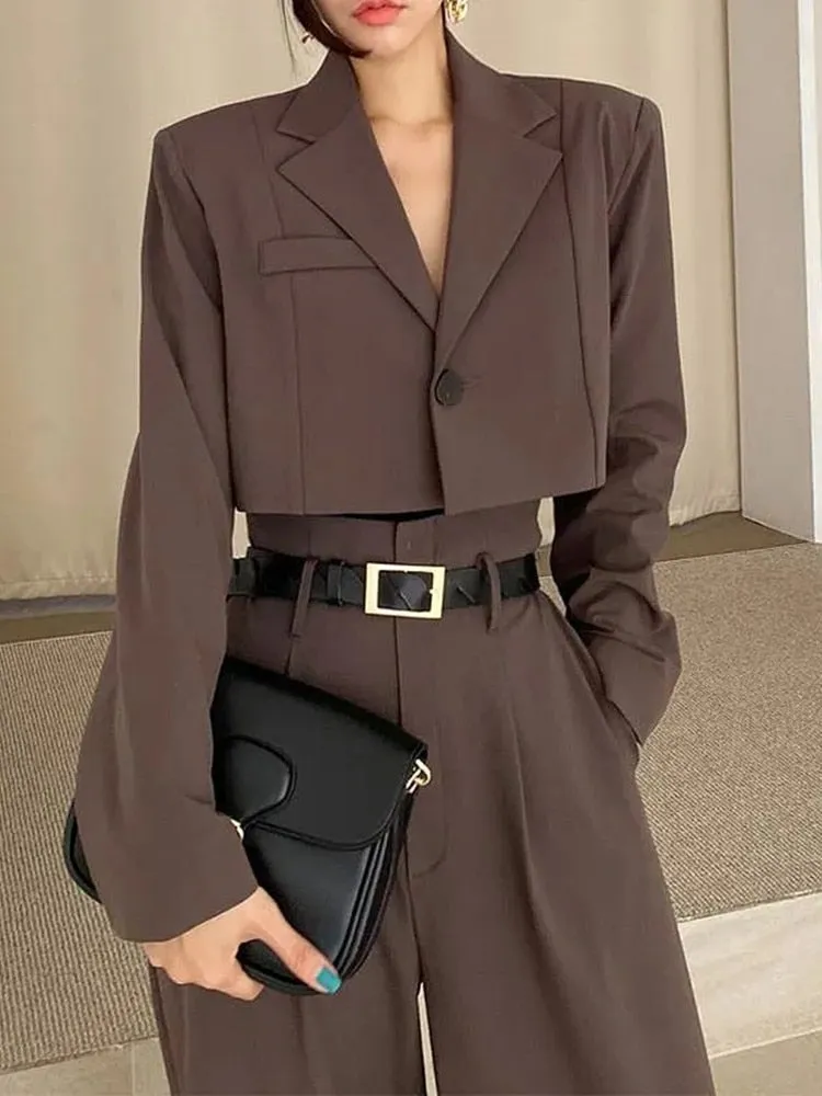 Office Lady Blazer Suits Vintage Two Piece Set Women Long Sleeve Short Blazer   High Waist Wide Leg Long Pants 2 Piece Outfits