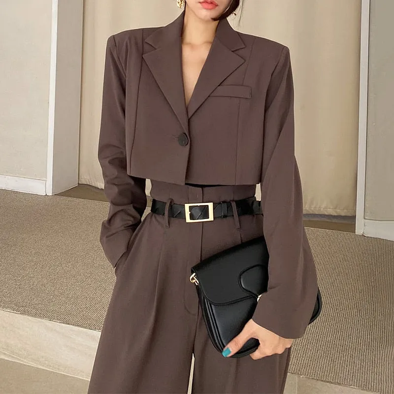 Office Lady Blazer Suits Vintage Two Piece Set Women Long Sleeve Short Blazer   High Waist Wide Leg Long Pants 2 Piece Outfits