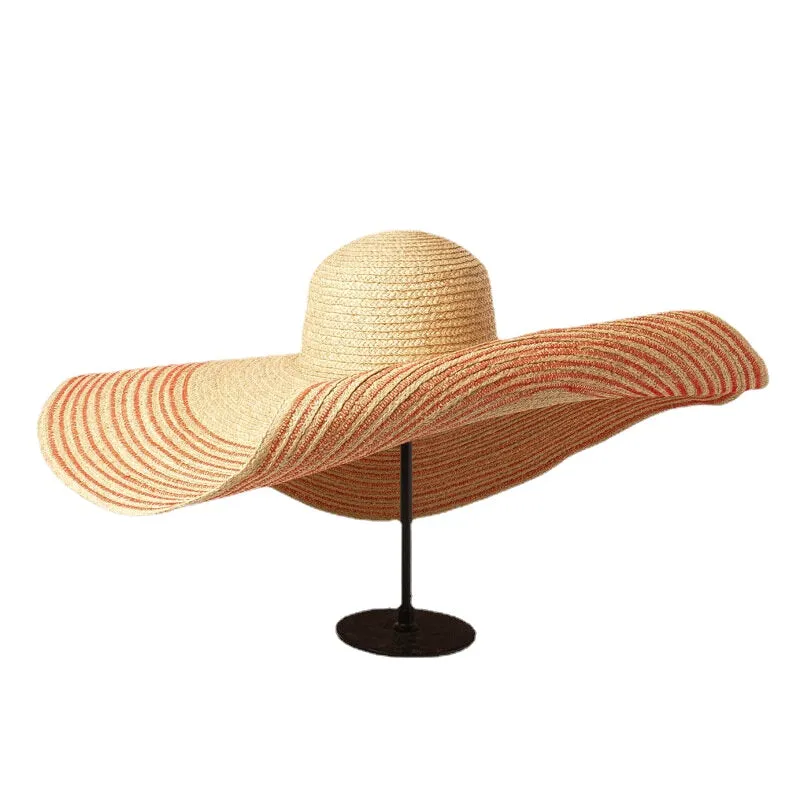 Woman Handmade Wild Brim Visor Color Stripe Vacation Beach Sun Hat Natural Raffia Rolled-up Brim Straw Hat