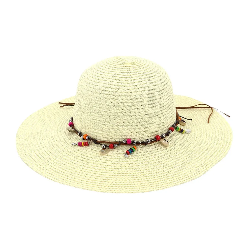 Women Sunscreen Vacation Beach Sun Hat Foldable Stylish Wild Brim Trinket Chain Decoration Straw Hat