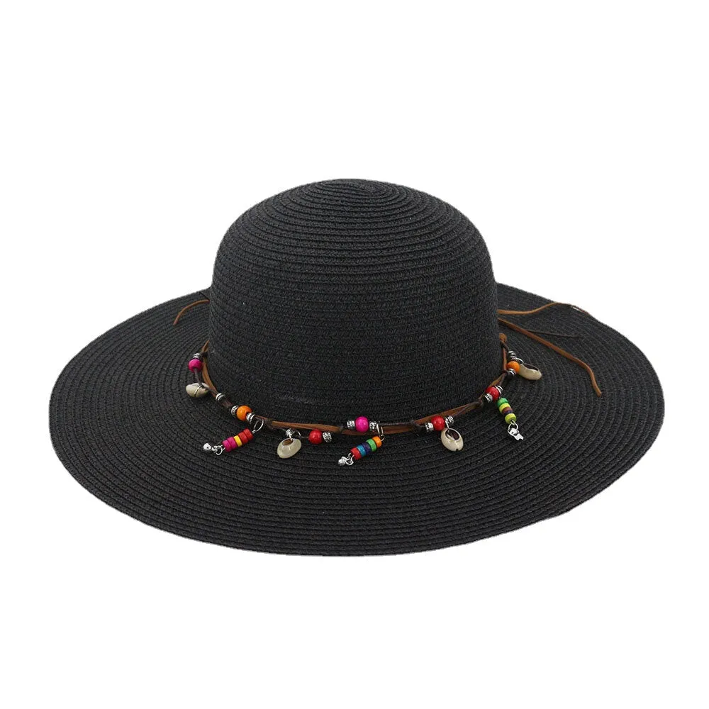 Women Sunscreen Vacation Beach Sun Hat Foldable Stylish Wild Brim Trinket Chain Decoration Straw Hat