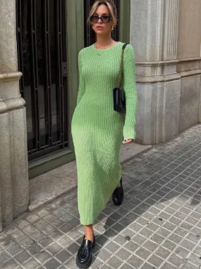 Womens Maxi Dresses Elegant Green Bodycon Knitted Long Sleeve Dress Female