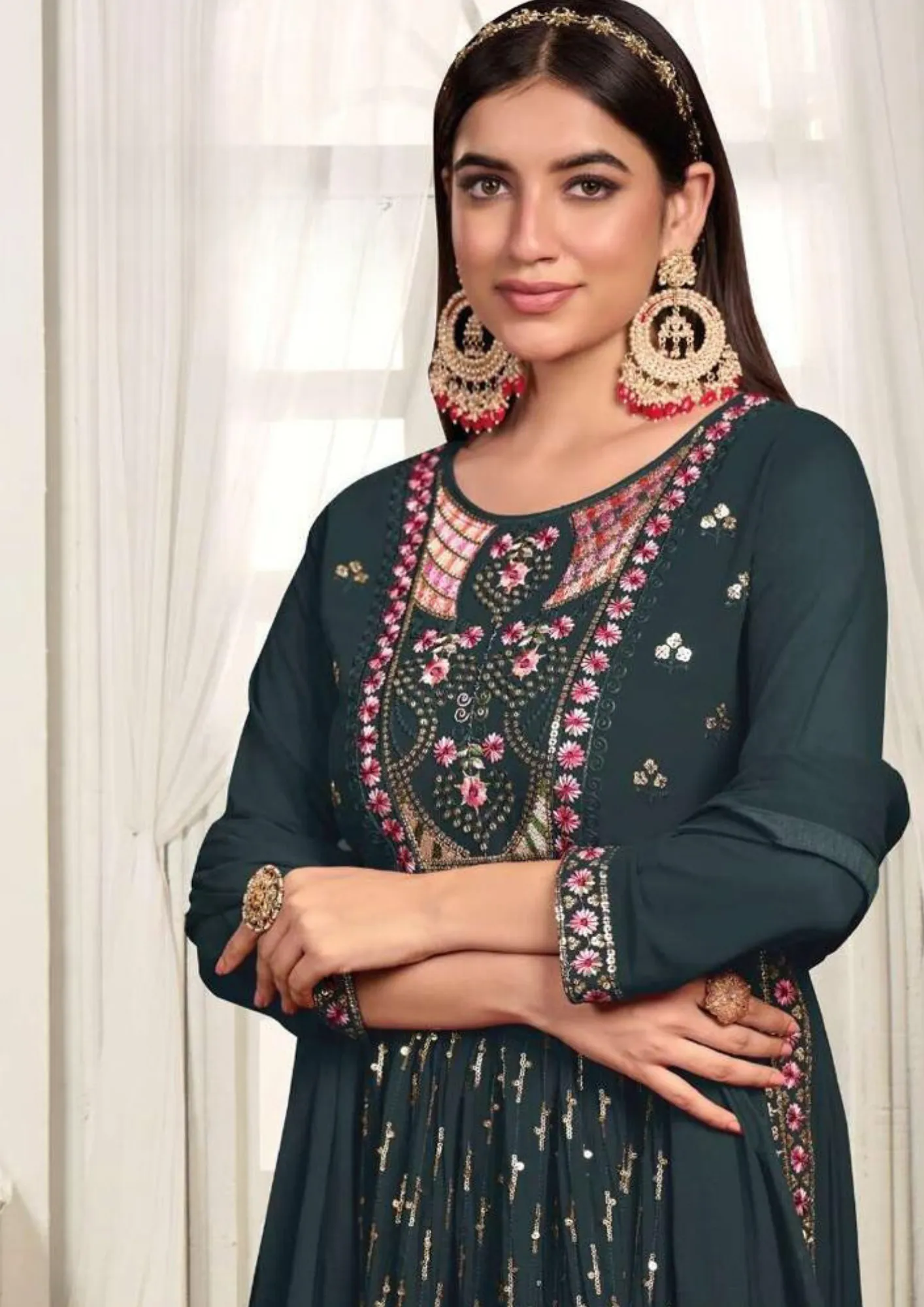 Lovely Green Color Embroidery Stone Work Kurti With Palazzo Suits