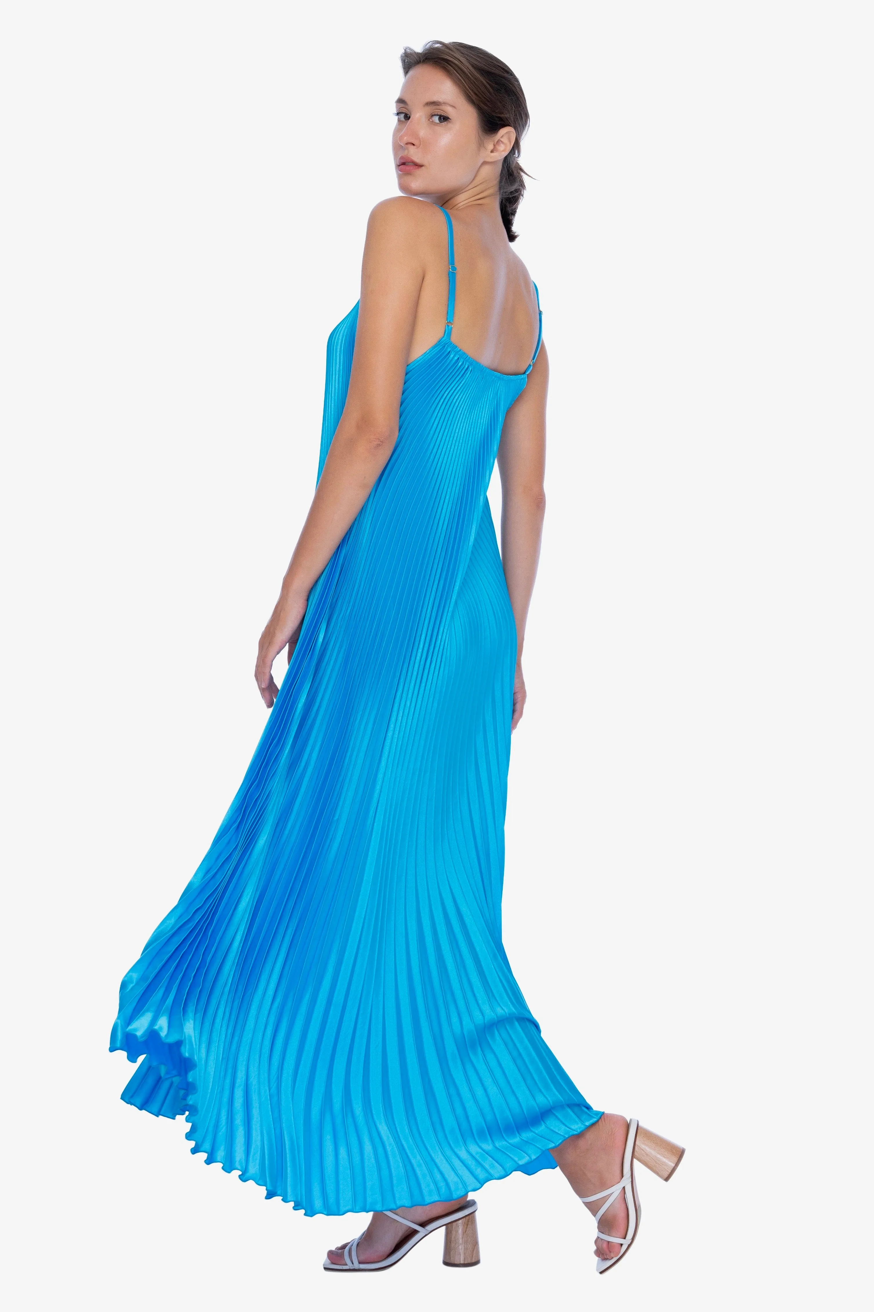 Bisous Strappy Blue Pleated Midi Dress