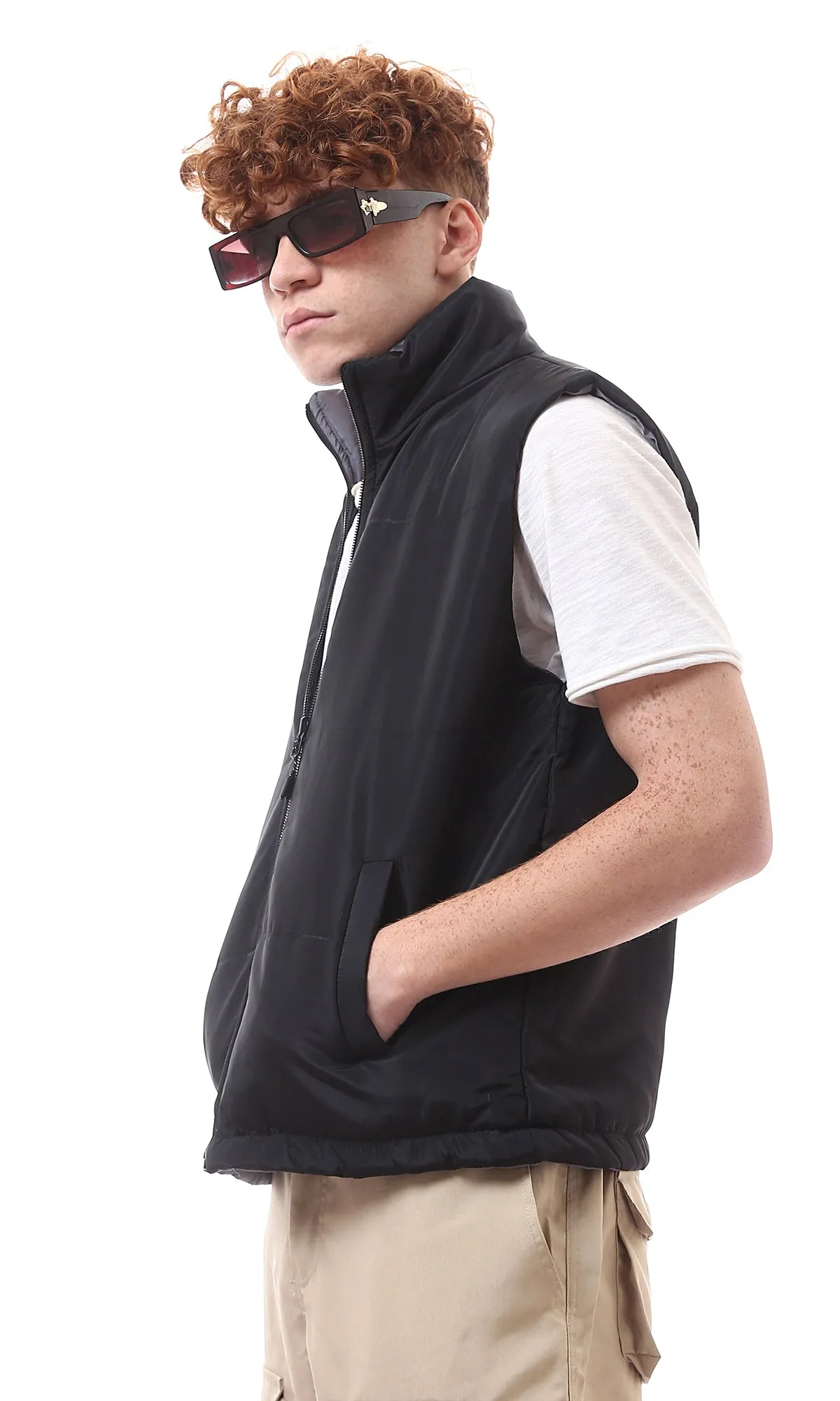 O173705 Double Face Dark Grey & Black Zipped Solid Vest